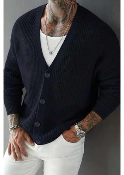 Grov Düğmeli V Yaka Kalın Erkek Hırka