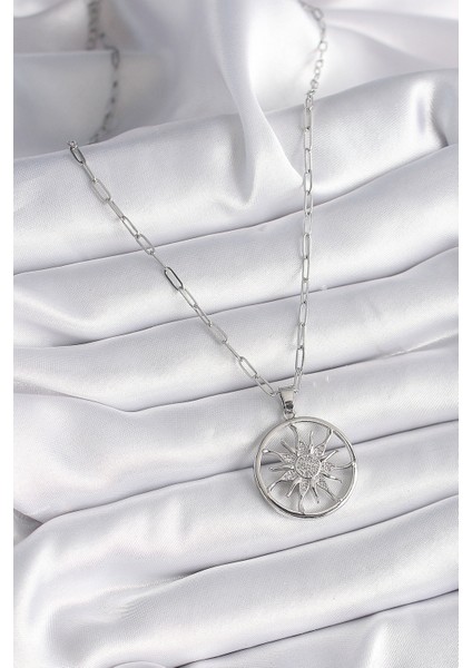 316L Çelik Gümüş Renk Zirkon Taşlı Güneş Madalyon Model Kadın Kolye - TJ-BKO9529 fiyatları