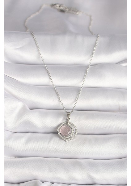 316L Çelik Gümüş Renk Zirkon Taşlı Pembe Sedefli Hilal Model Kadın Kolye - TJ-BKO9701 fiyatları