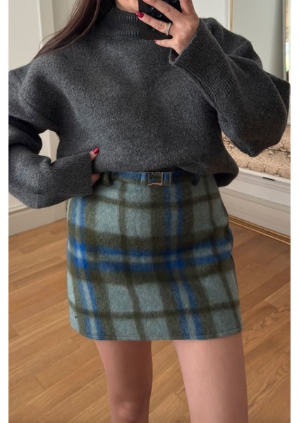 Kemer Detayllı Polar Mini Ekose Etek- Yeşil