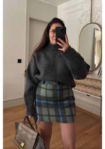 Kemer Detayllı Polar Mini Ekose Etek- Yeşil fiyatları