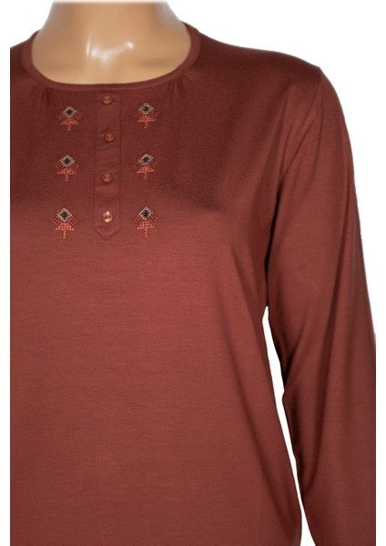 Cimariva Kadın Neşe Büyük Beden O Yaka Robası Nakışlı Taba Bluz fiyatları