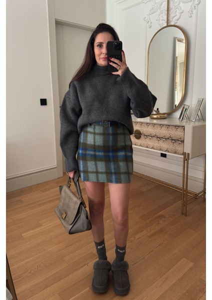 Kemer Detayllı Polar Mini Ekose Etek- Yeşil fırsatları