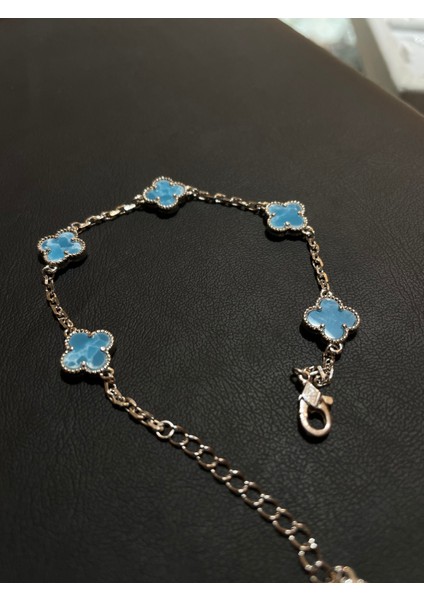 Ithal Desenli Turkuaz Renk Yonca Model Kadın Gümüş Bileklik