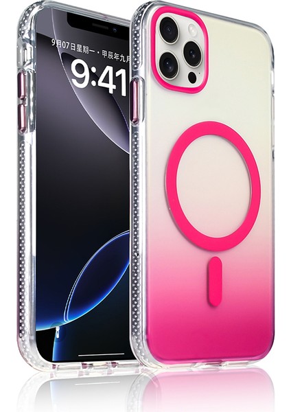 iPhone Uyumlu 15 Pro Max Kılıf M-Safe Şarj Özellikli Transparan Renk Geçişli Zore Toros Kapak-Rose Pembe