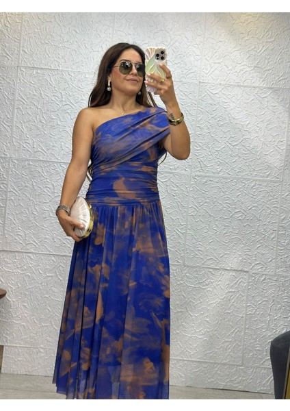 Desenli Tül Elbise Mavi Kahve