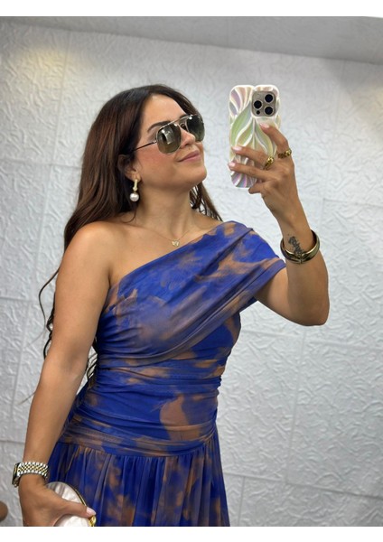 Desenli Tül Elbise Mavi Kahve fiyatları