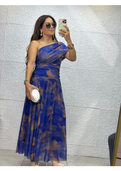 Desenli Tül Elbise Mavi Kahve modelleri