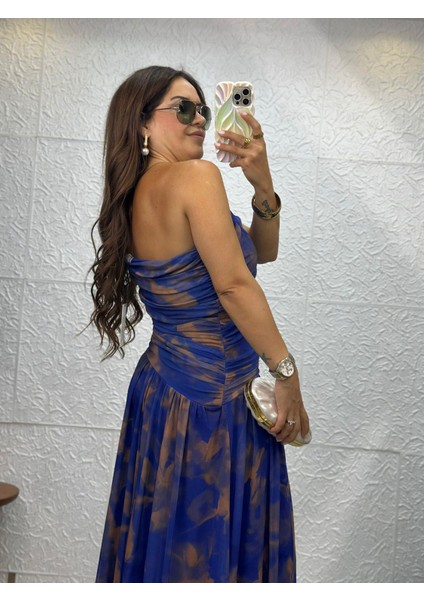 Desenli Tül Elbise Mavi Kahve fırsatları