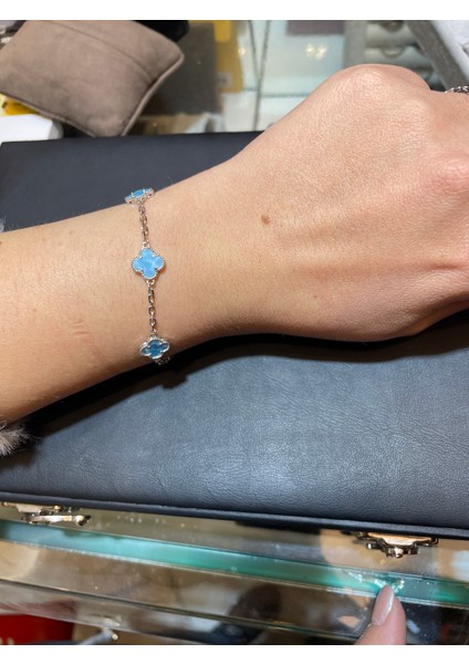 Ithal Desenli Turkuaz Renk Yonca Model Kadın Gümüş Bileklik modelleri