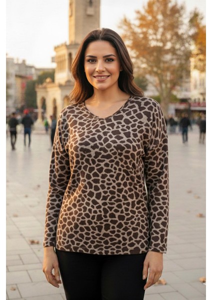 Barem Kadın Lina Büyük Beden Kışlık V Yaka Yumoş Kahve Bluz D09