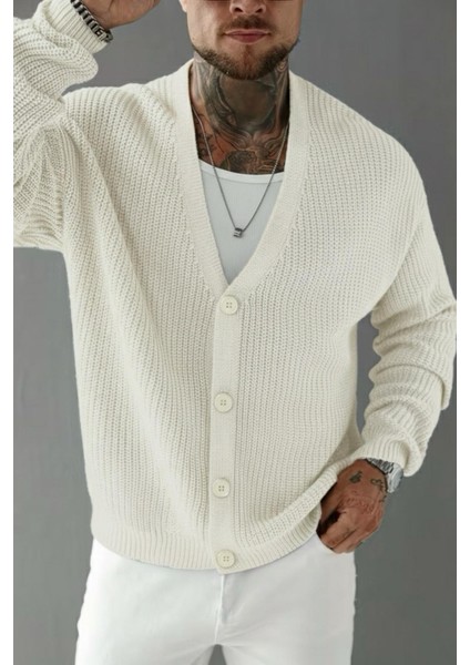 Grov Düğmeli V Yaka Kalın Erkek Hırka