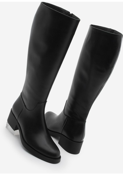 Kadın Dizaltı Fermuarlı Klasik Topuklu Çizme Lunces Siyah
