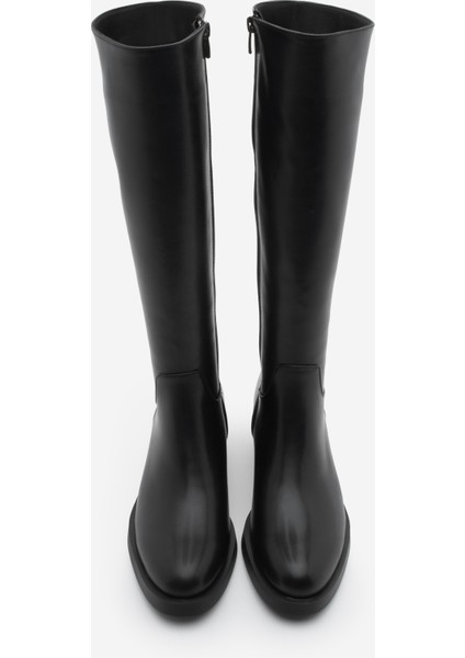 Kadın Dizaltı Fermuarlı Klasik Topuklu Çizme Lunces Siyah