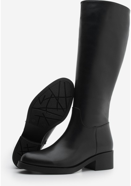 Kadın Dizaltı Fermuarlı Klasik Topuklu Çizme Lunces Siyah