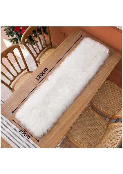 Yılbaşı Temalı Beyaz Tavşan Tüyü Runner, Süs ve Hediye, 120X30CM