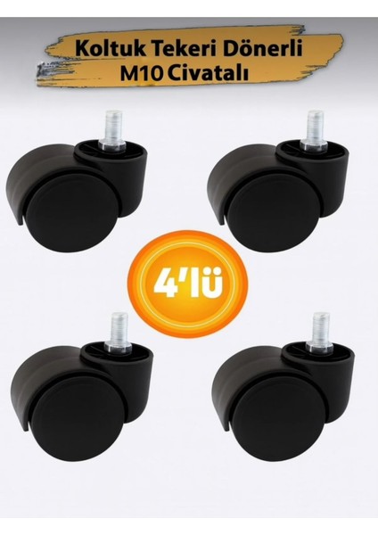 Dönerli M10 Civatalı Ofis Koltuk Sandalye Tekeri (4 Adet)