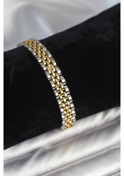 316L Çelik 9 mm Kalınlıkta Gold ve Gümüş Renkli Erkek Bileklik