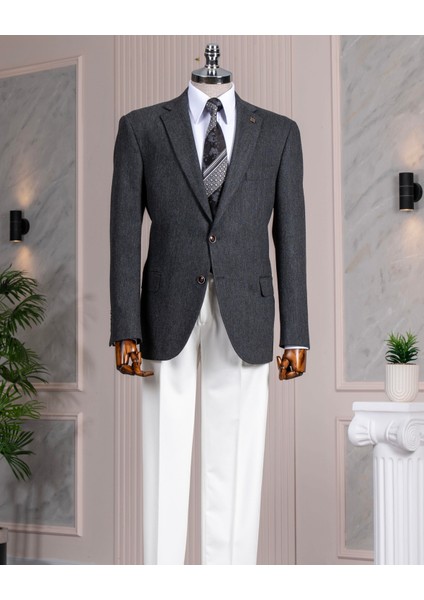 Italyan Stil Slim Fit 4 Drop Mono Yaka Erkek Tek Ceket Lacivert T13509