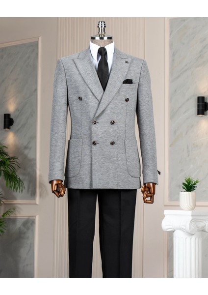 Italyan Stil Slim Fit Kravuze Erkek Tek Ceket Gri T13336