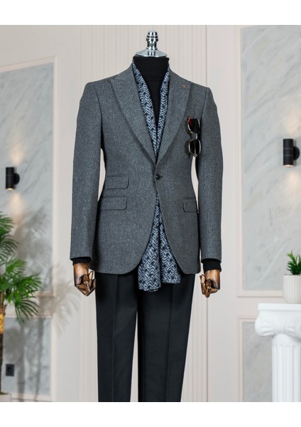 Italyan Stil Slim Fit Balıksırtı Desen Erkek Ceket Antrasit T13052
