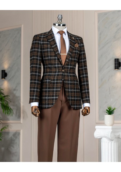 Italyan Stil Slim Fit Ekose Erkek Ceket Siyah T13437