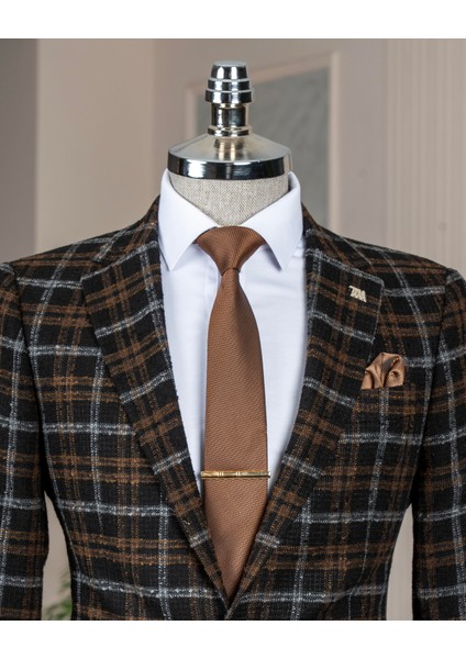 Italyan Stil Slim Fit Ekose Erkek Ceket Siyah T13437