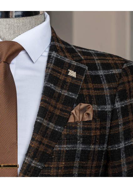 Italyan Stil Slim Fit Ekose Erkek Ceket Siyah T13437