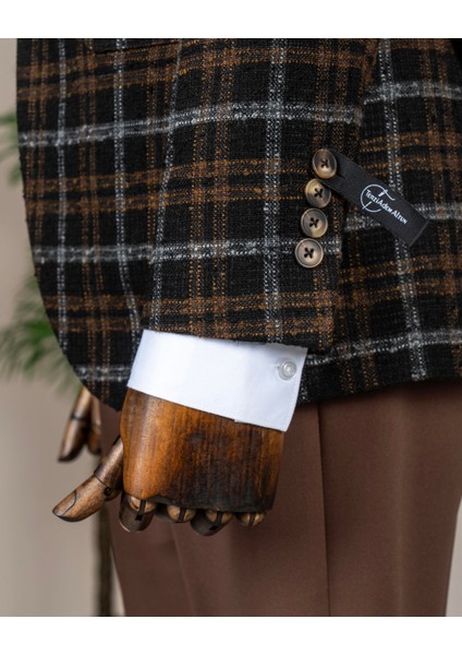 Italyan Stil Slim Fit Ekose Erkek Ceket Siyah T13437