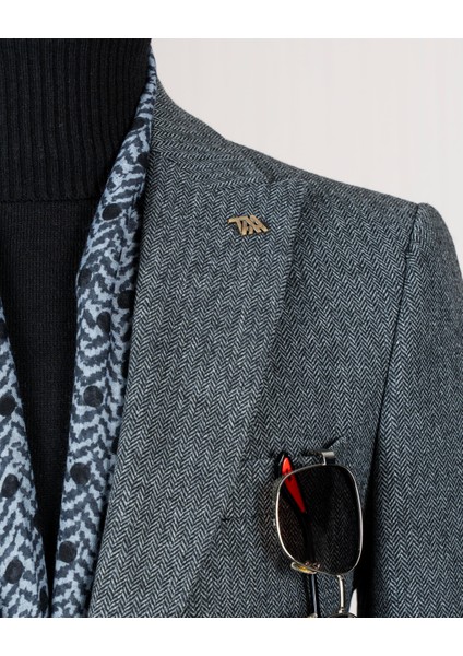 Italyan Stil Slim Fit Balıksırtı Desen Erkek Ceket Antrasit T13052
