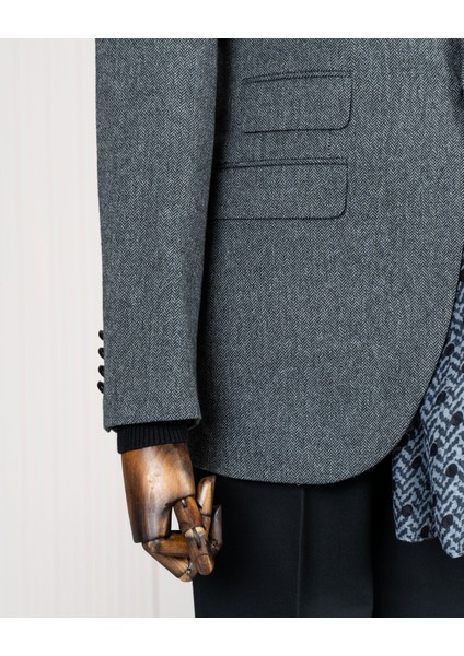 Italyan Stil Slim Fit Balıksırtı Desen Erkek Ceket Antrasit T13052