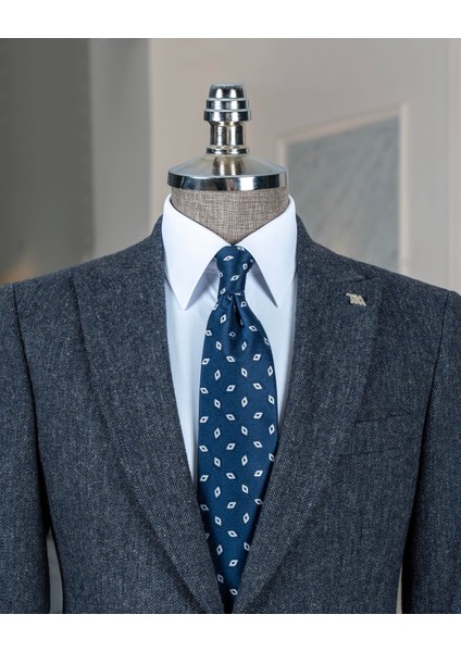 Italyan Stil Slim Fit Balıksırtı Desen Erkek Tek Ceket Lacivert T13299