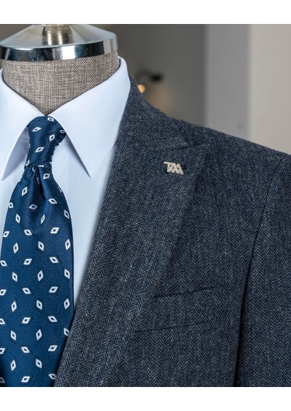 Italyan Stil Slim Fit Balıksırtı Desen Erkek Tek Ceket Lacivert T13299