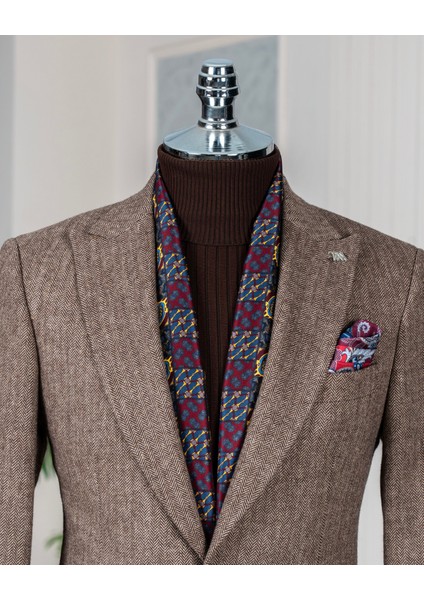 Italyan Stil Slim Fit Balıksırtı Desen Erkek Tek Ceket Kahverengi T13298