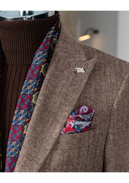 Italyan Stil Slim Fit Balıksırtı Desen Erkek Tek Ceket Kahverengi T13298