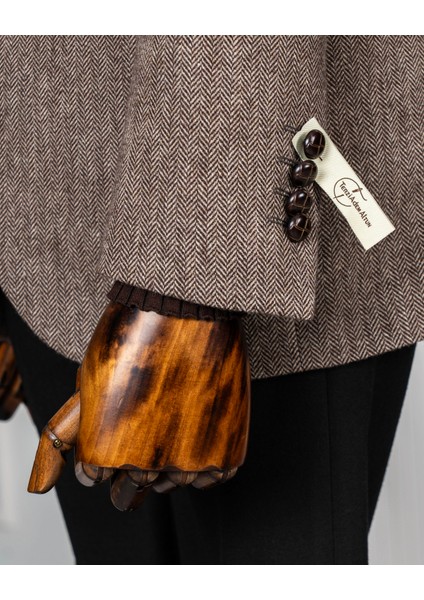 Italyan Stil Slim Fit Balıksırtı Desen Erkek Tek Ceket Kahverengi T13298