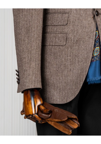 Italyan Stil Slim Fit Balıksırtı Desen Erkek Tek Ceket Kahverengi T13298