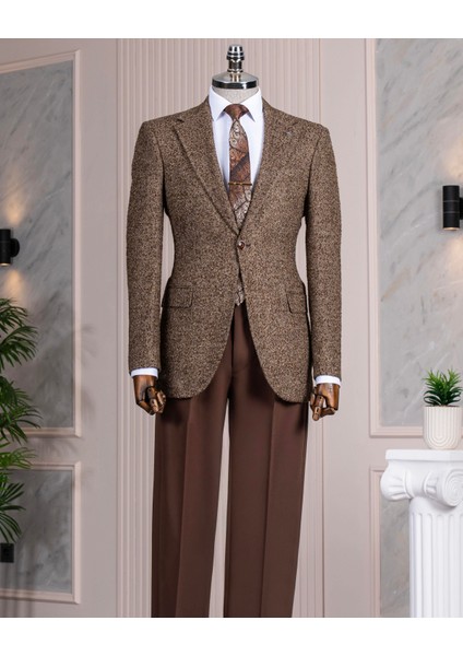 Italyan Stil Slim Fit Mono Yaka Erkek Tek Ceket Kahverengi T13540