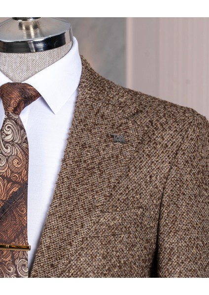 Italyan Stil Slim Fit Mono Yaka Erkek Tek Ceket Kahverengi T13540