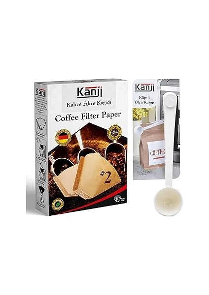 Kanji Kahve Filtre Kağıdı No:2 (1x2) 80'li + Klipsli Çay Kahve Ölçü Kaşığı | Beyaz Demleme Seti | A