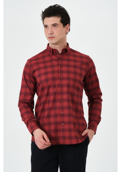 Erkek Kiremit Ekose Cepli Regular Fit Düğmeli Yaka Uzun Kol Gömlek