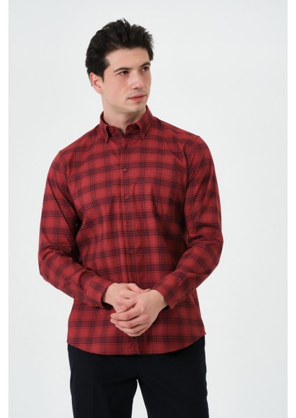 Erkek Kiremit Ekose Cepli Regular Fit Düğmeli Yaka Uzun Kol Gömlek modelleri