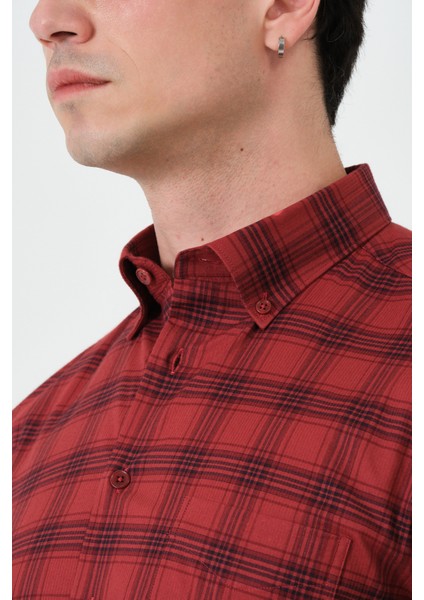 Erkek Kiremit Ekose Cepli Regular Fit Düğmeli Yaka Uzun Kol Gömlek fırsatları