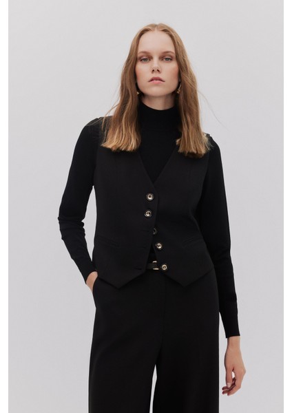 Düğmeli V Yaka Yelek Pantolon Takım