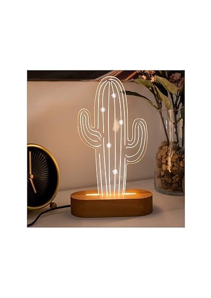 Çöl Kaktüsü Tasarımlı 3D LED Lamba USB Bağlantılı Sarı Işık