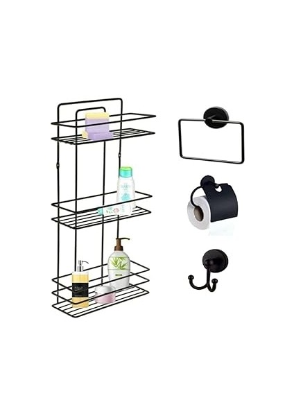 Banyo Aksesuar Seti 4 Lü Siyah, Ömür Boyu Paslanmaz Düz Duş Rafı Şampuanlık Siyah Tş-03