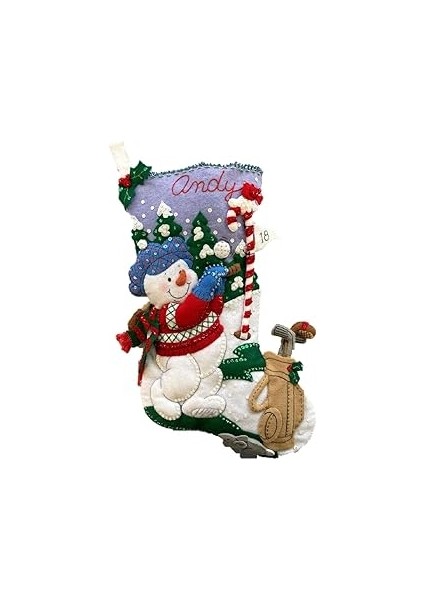 Bucilla, Golf Kardan Adam Noel 45,72 cm Keçe Aplike Çorap Yapma Seti, Kendin Yap Tatil Iğne Noktası