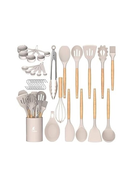Valletta Mikla Isıya Dayanıklı Yanmaz Yapışmaz 33 Parça Silikon Spatula Mutfak Seti Vanilya