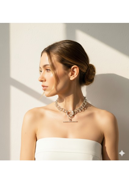 Zarif Halka Zincir Tasarımlı Gümüş Kaplama Modern Kadın Kolye – Büyük Halka Detaylı Şık Takı modelleri