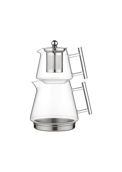 Jenisa Clarity Indüksiyon Tabanlı Borosilikat Cam Çaydanlık Takımı – 1550 ml Metal Süzgeçli Demlik